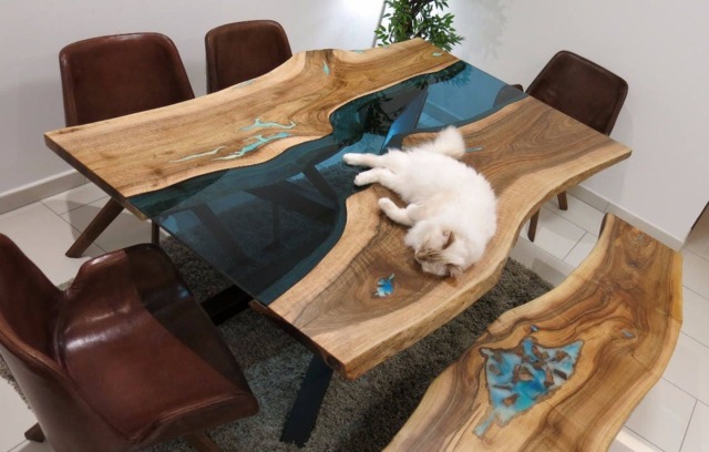 White Oreo - Live Edge River Dining Table With Bench & Glowing Resin Fillin - image 1
