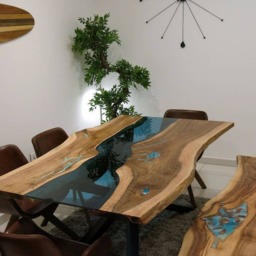 White Oreo - Live Edge River Dining Table With Bench & Glowing Resin Fillin - thumbnail 4