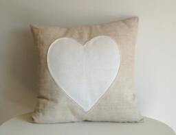 Pillow Beige With White Heart, Heart Pillow, Shabby Chic Romantic Gift For Mom, Girl, Handmade Pillow Cover - thumbnail 1
