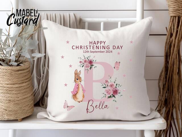 Personalised Peter Rabbit Cushion - Girls Christening Gift Daughter Granddaughter Goddaughter Flopsy Bunny Baptism - image 1