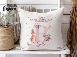 Personalised Peter Rabbit Cushion - Girls Christening Gift Daughter Granddaughter Goddaughter Flopsy Bunny Baptism - thumbnail 1