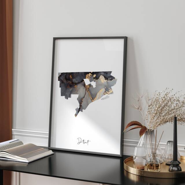 Detroit Map Black & Gold Wall Art Print - Michigan Usa United States Of America [Ev] - image 1