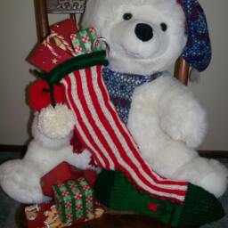 Hand Knit Christmas Stocking Red White Candy Cane Stripe Flower Border Detail By Santa's Works - thumbnail 2