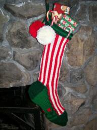 Hand Knit Christmas Stocking Red White Candy Cane Stripe Flower Border Detail By Santa's Works