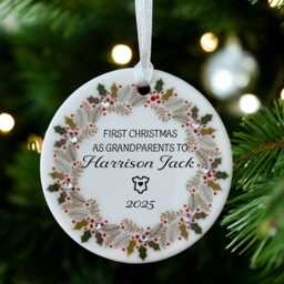 Personalised Grandparents First Christmas Gift Ceramic Circle Decoration Bauble Ornament Holly Wreath Design With Diamante Detail