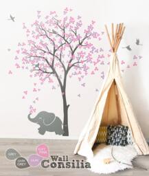Baby Elephant Tree Wall Decal, Nursery Bird Stickers, Tri Leaf Pink Blossom Playroom Mural