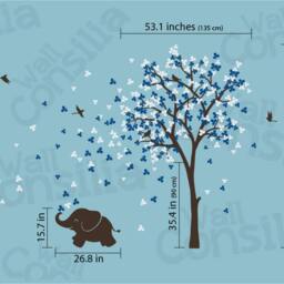 Baby Elephant Tree Wall Decal, Nursery Bird Stickers, Tri Leaf Pink Blossom Playroom Mural - thumbnail 2