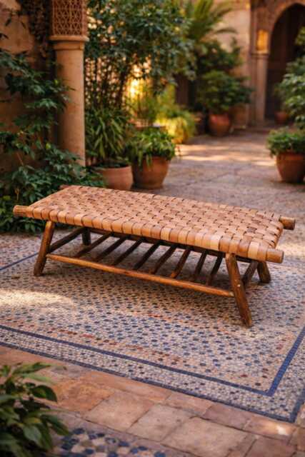 Handwoven Moroccan Leather Bench, Boho Wooden Seating, Eucalyptus Wood - image 1