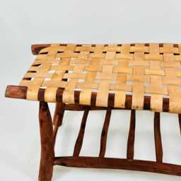 Handwoven Moroccan Leather Bench, Boho Wooden Seating, Eucalyptus Wood - thumbnail 2