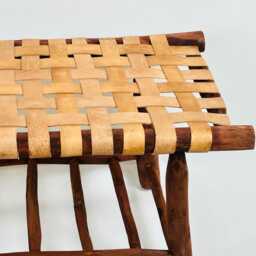 Handwoven Moroccan Leather Bench, Boho Wooden Seating, Eucalyptus Wood - thumbnail 3