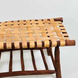 Handwoven Moroccan Leather Bench, Boho Wooden Seating, Eucalyptus Wood - thumbnail 4
