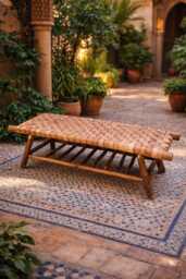 Handwoven Moroccan Leather Bench, Boho Wooden Seating, Eucalyptus Wood