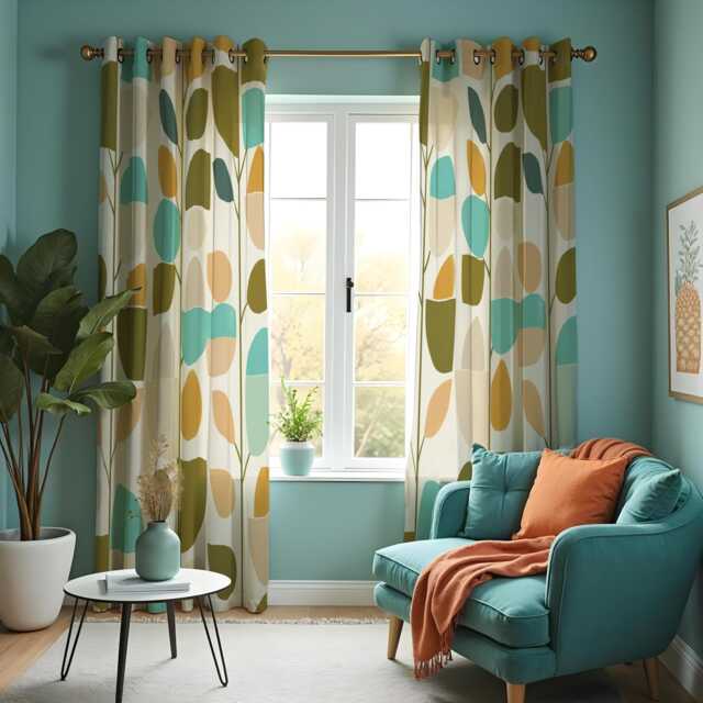 Retro Leaf Print Curtains, Mid Century Modern Drapes, Scandinavian Style Window Panels, Colorful Geometric Living Room Decor - image 1