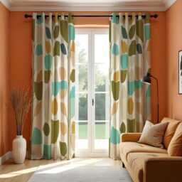 Retro Leaf Print Curtains, Mid Century Modern Drapes, Scandinavian Style Window Panels, Colorful Geometric Living Room Decor - thumbnail 2
