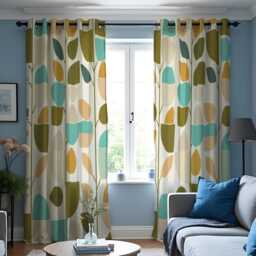 Retro Leaf Print Curtains, Mid Century Modern Drapes, Scandinavian Style Window Panels, Colorful Geometric Living Room Decor - thumbnail 3