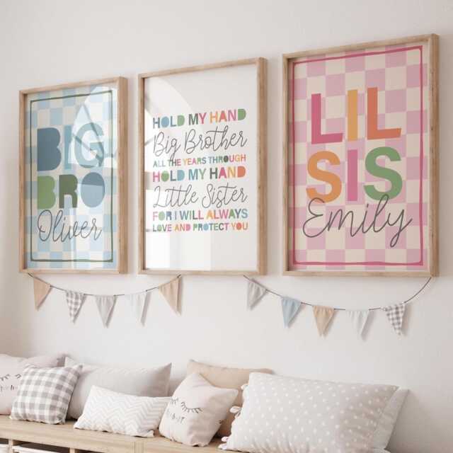 Personalised Siblings Rainbow Prints, Sisters, Brothers, Big Bro Lil Sis, Boho, Children Bedroom, Playroom, Boys Girls Bedroom - image 1