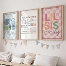 Personalised Siblings Rainbow Prints, Sisters, Brothers, Big Bro Lil Sis, Boho, Children Bedroom, Playroom, Boys Girls Bedroom - thumbnail 1