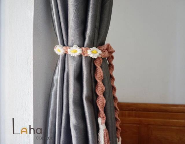 Macrame Curtain Tiebacks Natural Cotton Flower Drape Tie - 65-95cm - image 1