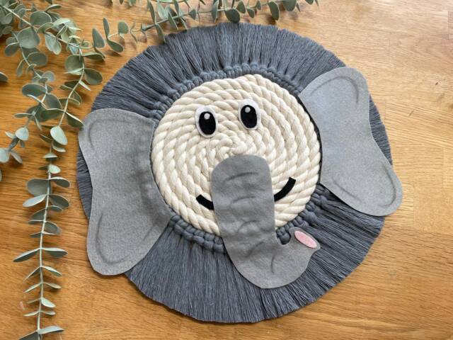 Elephant Macrame Rope Face, Jungle Theme Decor, Nursery Childrens Bedroom, Playroom, Wall Hanging - image 1