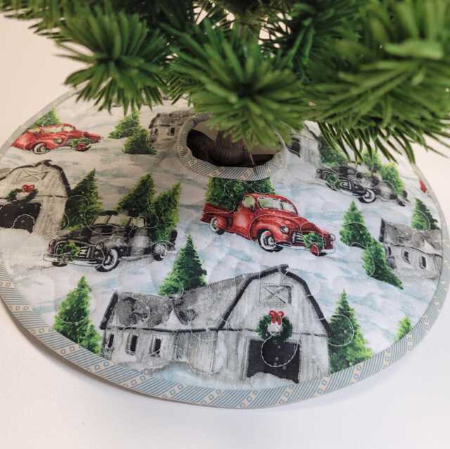 Quilted Mini Christmas Tree Skirt Rustic Farmhouse Trucks & Barns - 12.5 - image 1