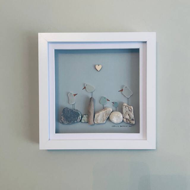 Sea Glass Bird Wall Art - Framed Pebble Picture Family Handmade in Cornwall - image 1