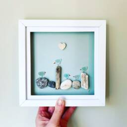 Sea Glass Bird Wall Art - Framed Pebble Picture Family Handmade in Cornwall - thumbnail 2