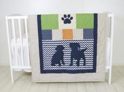 Baby Boy Blanket, Labrador Quilt, Dog Nursery Chevron Kids Navy Green Beige Bedding, Custom Made - thumbnail 1