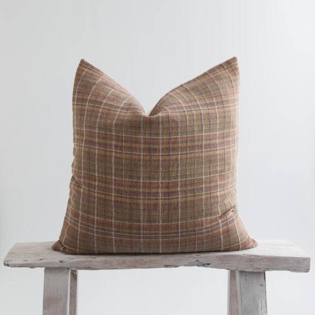 Brown Plaid Cotton Throw Pillow Cover, Bamboo Reverse - image 1