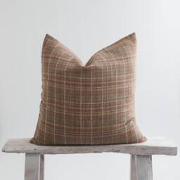 Brown Plaid Cotton Throw Pillow Cover, Bamboo Reverse - thumbnail 1