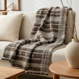 Brown Indian Wool Throw Blanket, Handwoven Sofa Coverlet & Rustic Bed Runner - Sphene - thumbnail 1