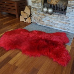 Sheepskin Red X Throw Genuine Leather Wool Carpet Decorative Rug Red Comfy, Cozy, Hair Is Very Thick, Shiny - thumbnail 3