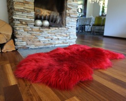 Sheepskin Red X Throw Genuine Leather Wool Carpet Decorative Rug Red Comfy, Cozy, Hair Is Very Thick, Shiny - thumbnail 1