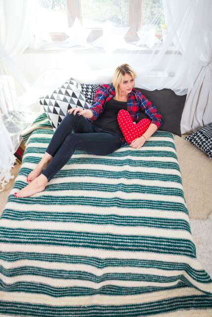 Dark Turquoise Striped Wool Blanket Queen Size Coverlet - image 1