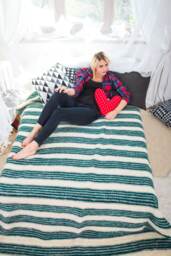 Dark Turquoise Striped Wool Blanket Queen Size Coverlet - thumbnail 1
