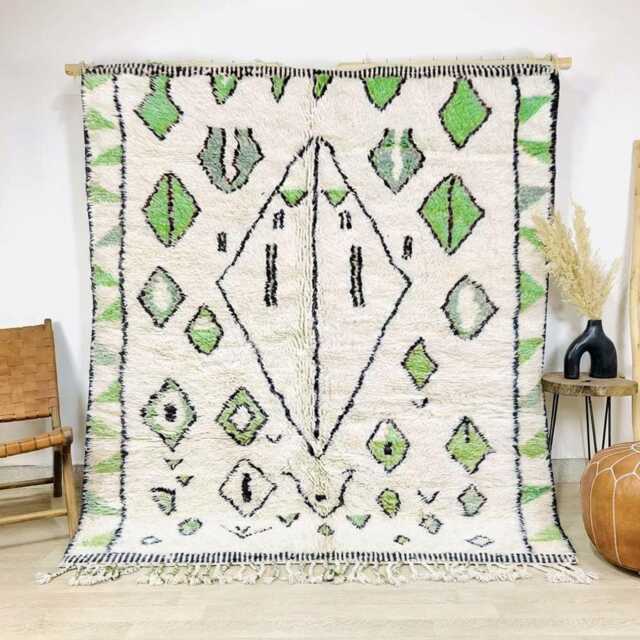Moroccan Ivory & Green Berber Rug, Handwoven Wool Shag Diamond Geometric Motifs, Authentic Beni Ourain Carpet, Large Area Rug - image 1