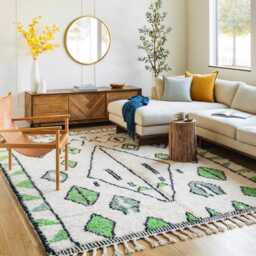 Moroccan Ivory & Green Berber Rug, Handwoven Wool Shag Diamond Geometric Motifs, Authentic Beni Ourain Carpet, Large Area Rug - thumbnail 3