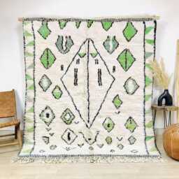 Moroccan Ivory & Green Berber Rug, Handwoven Wool Shag Diamond Geometric Motifs, Authentic Beni Ourain Carpet, Large Area Rug - thumbnail 1