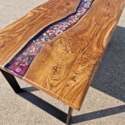 Living Room Dining Table, Floral Design Epoxy Resin River Table Made Of Solid Oak Real Wood According To Customer Specifications - thumbnail 3