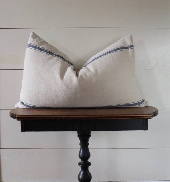 Grain Sack Lumbar Pillow Cover - Farmhouse Blue 3 Stripe Zipper Closure - image 1
