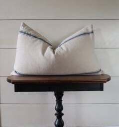 Grain Sack Lumbar Pillow Cover - Farmhouse Blue 3 Stripe Zipper Closure - thumbnail 1