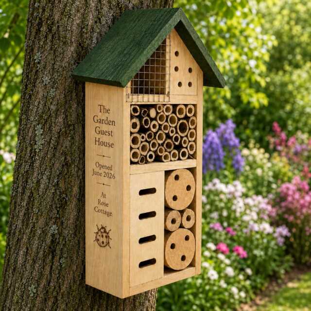 Personalised Insect Hotel Garden Gift, Wooden Bug House With Engraved Family Name, Bee Hotel, Wildlife New Home Present - image 1