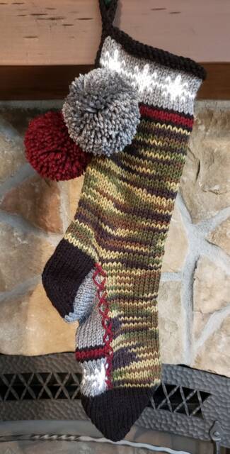Hand Knit Christmas Stocking Green Camo White Sparkle Snowflakes Claret Red Gray By Santa's Works - image 1