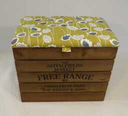 Large Rustic Wooden Storage Crate - Upholstered Fabric Lid Seat