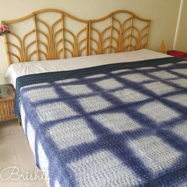 Indigo Shibori Tie Dye King Quilt, Bohemian Kantha Stitch Bedspread - image 1