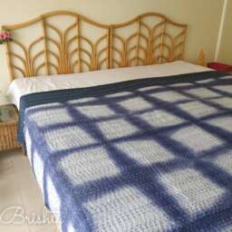 Indigo Shibori Tie Dye King Quilt, Bohemian Kantha Stitch Bedspread - thumbnail 1