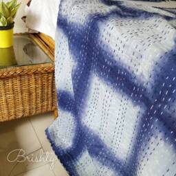 Indigo Shibori Tie Dye King Quilt, Bohemian Kantha Stitch Bedspread - thumbnail 3
