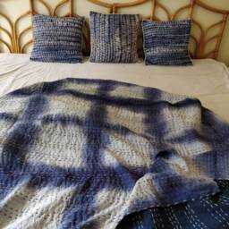 Indigo Shibori Tie Dye King Quilt, Bohemian Kantha Stitch Bedspread - thumbnail 2