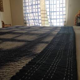 Indigo Shibori Tie Dye King Quilt, Bohemian Kantha Stitch Bedspread - thumbnail 4