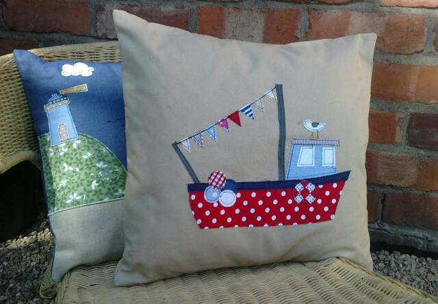 Fishing Boat Applique Linen Cushion Cover Handmade Nautical Pillow - image 1