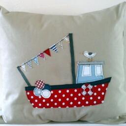 Fishing Boat Applique Linen Cushion Cover Handmade Nautical Pillow - thumbnail 3